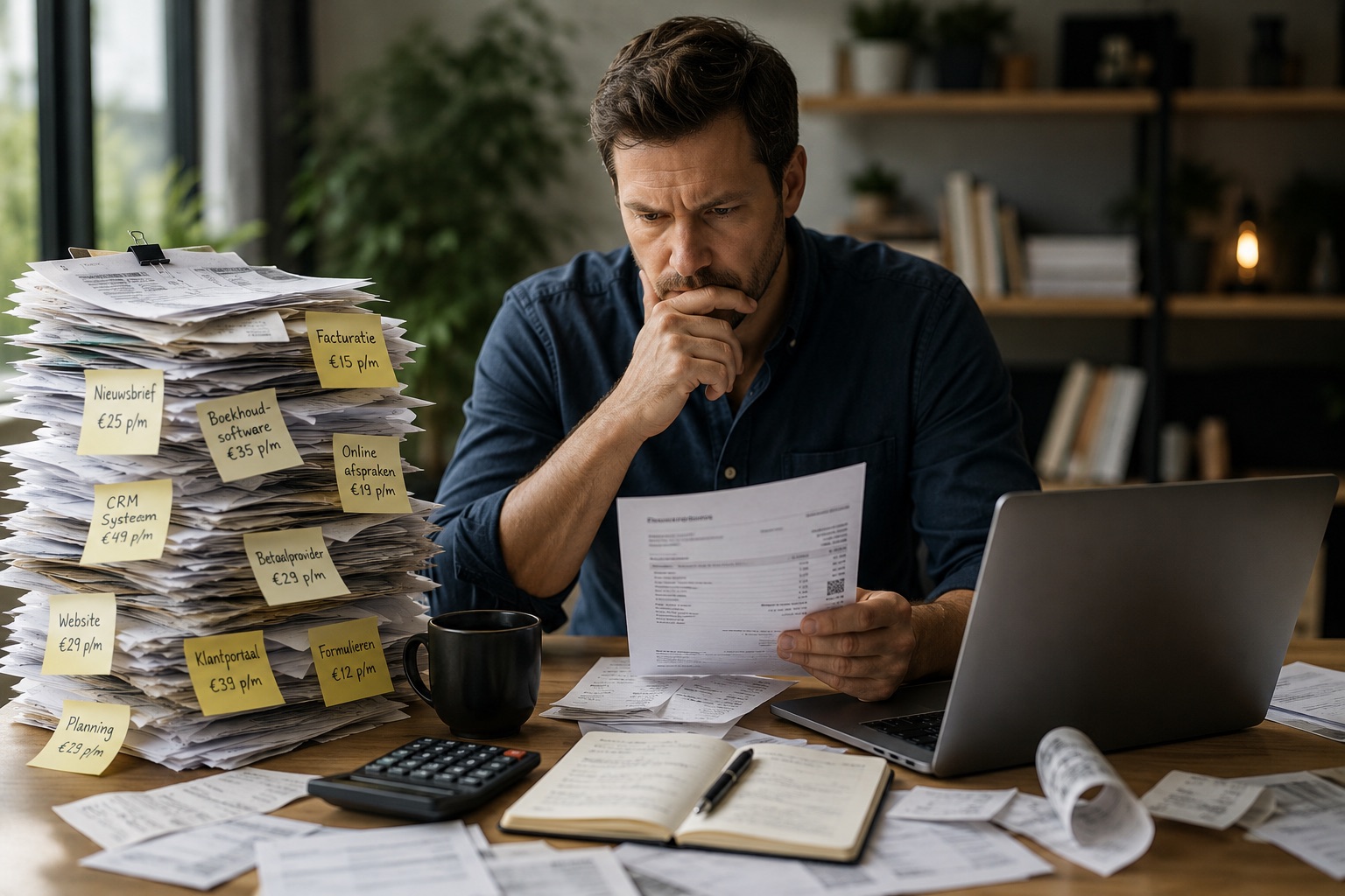 Ondernemer aan zijn bureau met een grote stapel facturen en losse software-abonnementen | One Day Site