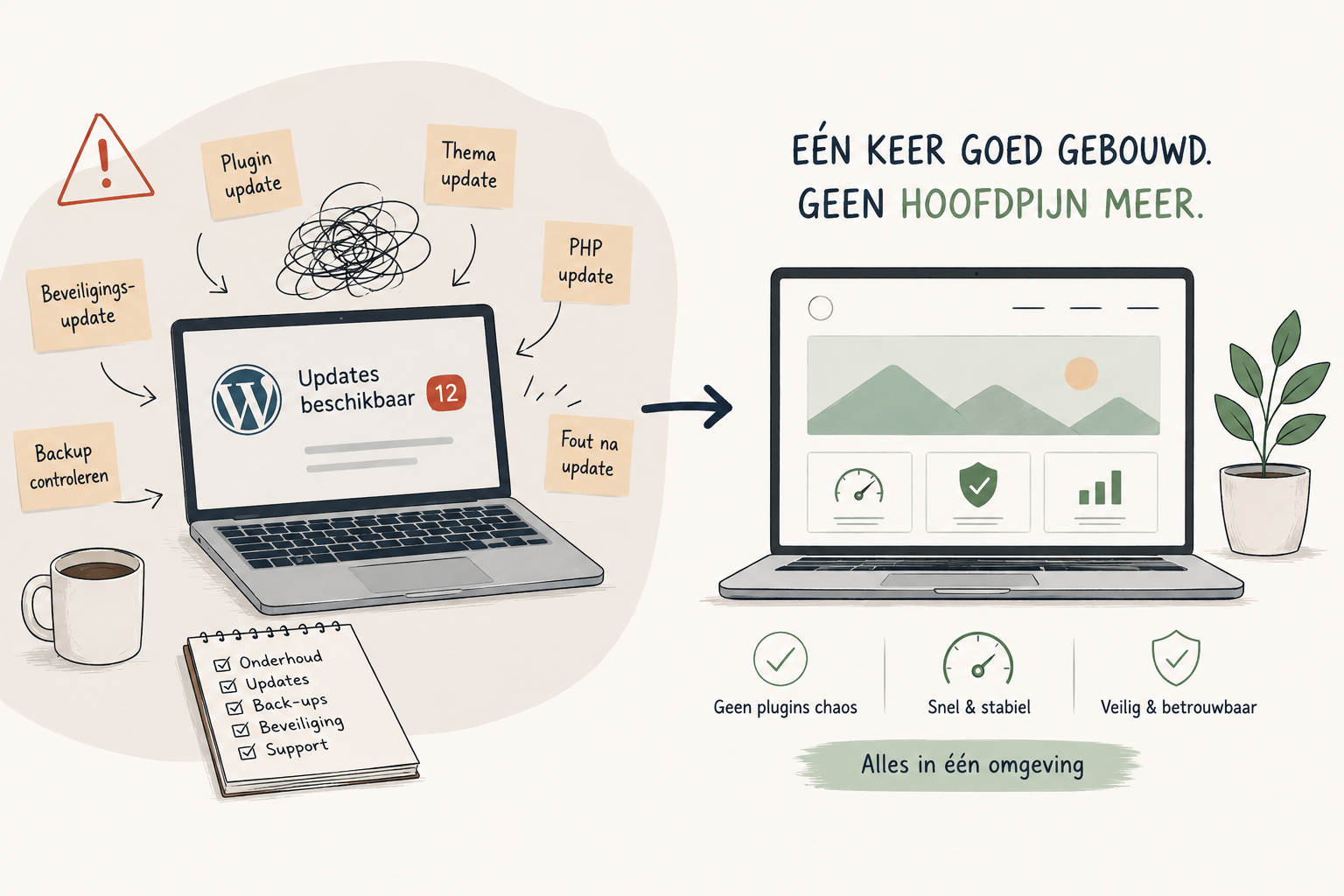 Links een laptop vol update-meldingen en plugin-chaos, rechts een rustig, snel dashboard met de tekst 'Eén keer goed gebouwd. Geen hoofdpijn meer.' – waarom moet ik steeds updates uitvoeren als mijn website prima werkt?