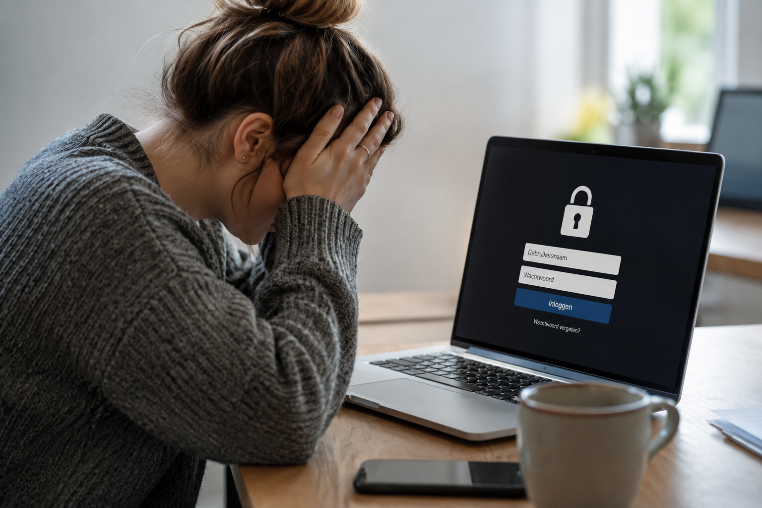 Gefrustreerde onderneemster met haar handen voor haar gezicht achter een laptop met een WordPress-inlogscherm en een slotje, ik kan niet meer inloggen op mijn WordPress website, wat nu?