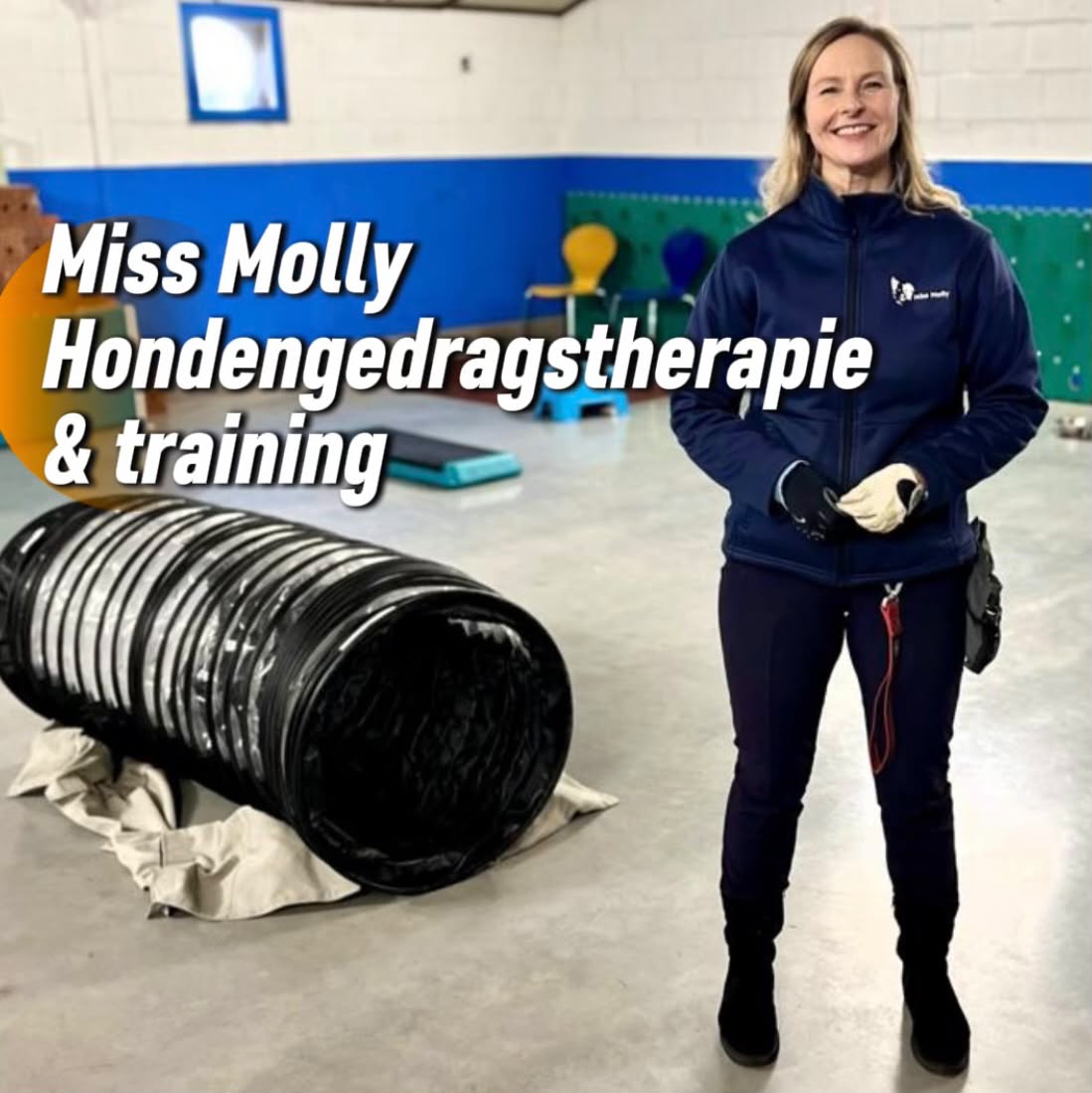 Geneviève van Hondengedragsdeskundige Miss Molly in de trainingshal — klantcase OneDaySite